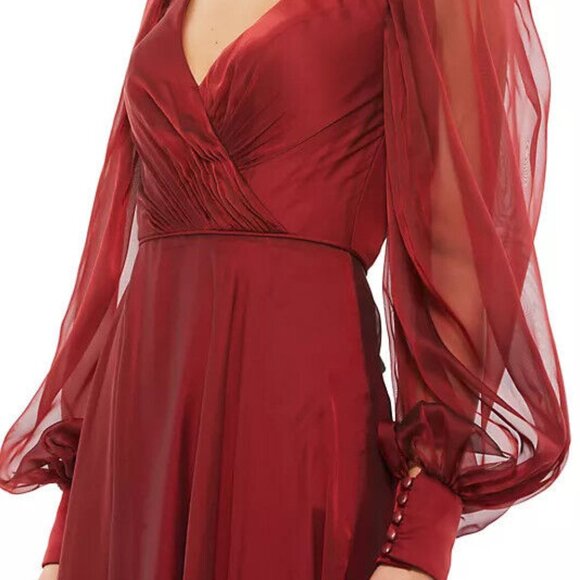 Mac Duggal Garnet Red Chiffon Maxi Dress A-Line Long Sleeve Surplice Gown Sz 6 - Picture 6 of 10
